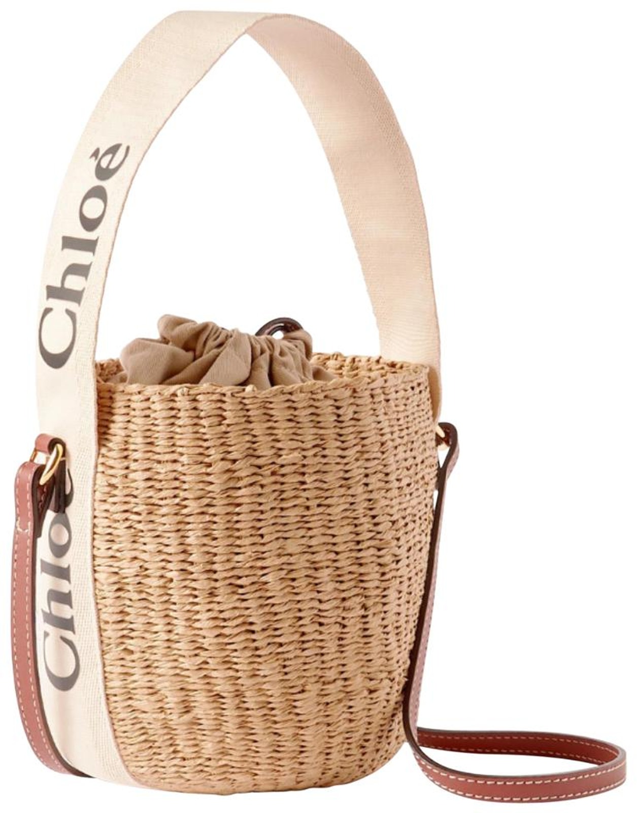Chloe Woody Small Leather Trimmed Logo Canvas Raffia Bucket Crossbody Bag